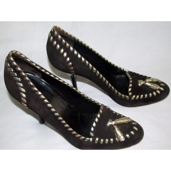 GUCCI Brown Suede Tassel Loafer Gold Stitch Heel Pumps Shoes Womens Size 6B 6 B - Picture 1 of 15